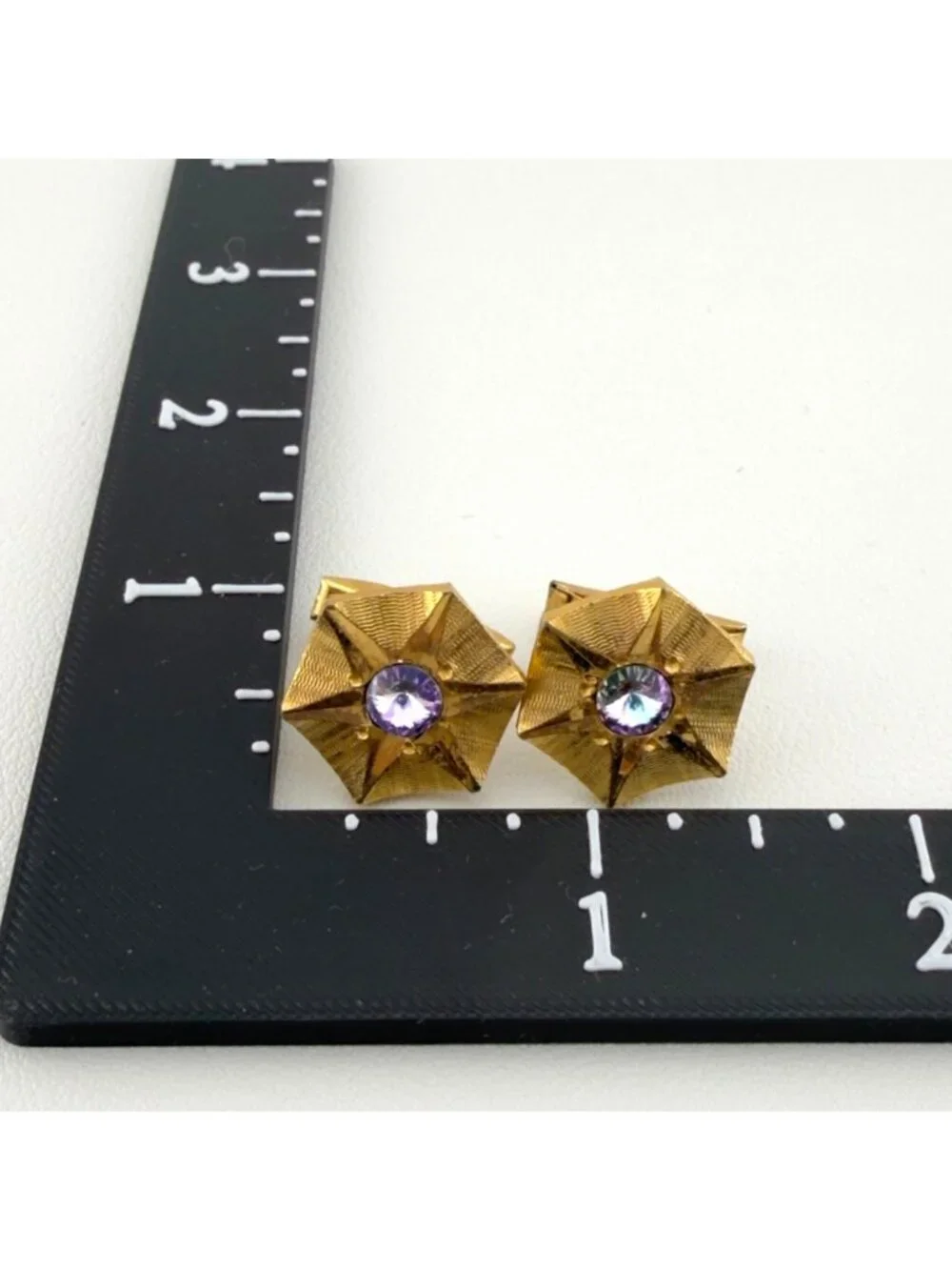 Vintage Gold Tone Hexagon Cufflinks Purple Rhinestone Mid Century